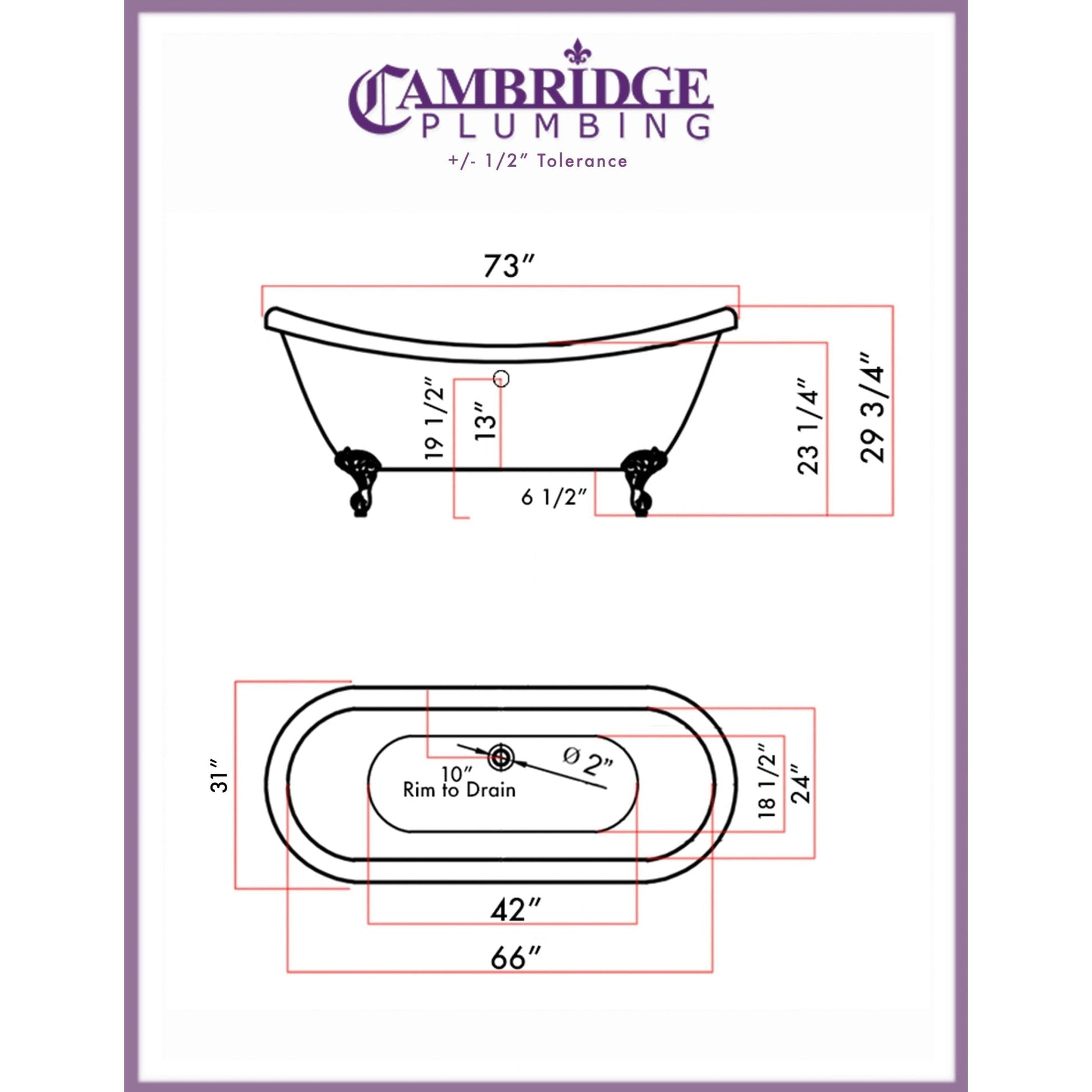 Cambridge Plumbing 73" White Double Slipper Clawfoot Acrylic Bathtub With No Faucet Holes With Brushed Nickel Clawfeet