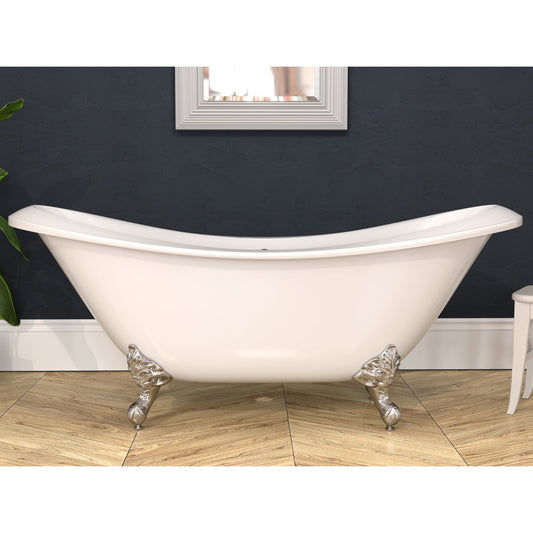 Cambridge Plumbing 73" White Double Slipper Clawfoot Acrylic Bathtub With No Faucet Holes With Brushed Nickel Clawfeet