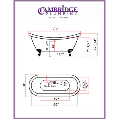 Cambridge Plumbing 73" White Double Slipper Clawfoot Acrylic Bathtub With No Faucet Holes With Oil Rubbed Bronze Clawfeet