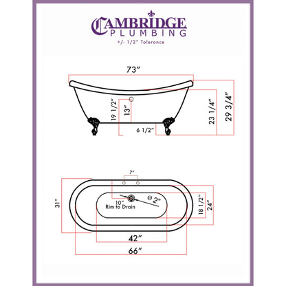 Cambridge Plumbing 73" White Double Slipper Clawfoot Acrylic Bathtub With No Faucet Holes With Polished Chrome Clawfeet