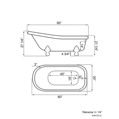 Cambridge Plumbing Amber Waves 60" Gloss White Acrylic Single Slipper Clawfoot Bathtub With No Deck Holes And Polished Chrome Clawfeet