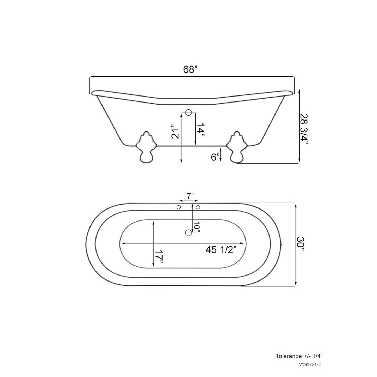 Cambridge Plumbing Amber Waves 68" Gloss White Acrylic Double Slipper Clawfoot Bathtub With Deck Holes And Brushed Nickel Clawfeet