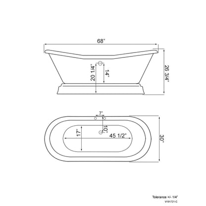 Cambridge Plumbing Amber Waves 68" Gloss White Acrylic Double Slipper Pedestal Bathtub With Deck Holes And Continuous Rim