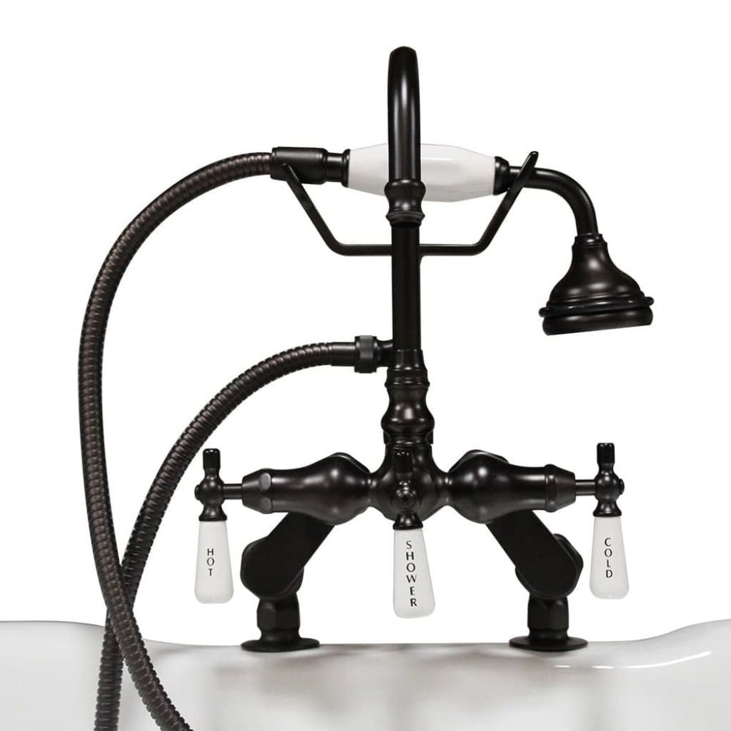 Cambridge Plumbing Oil Rubbed Bronze Deck Mount Porcelain Lever English Telephone Brass Faucet With Hand Held Shower