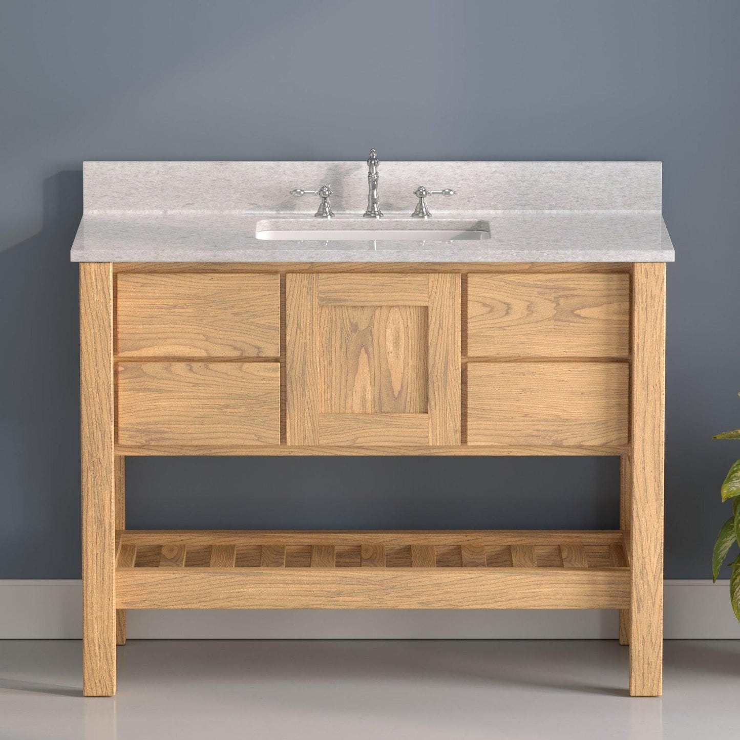 Cambridge Plumbing USA Patriot 48" Brown Solid Oak Wood Single Bathroom Vanity With Olympus Countertop Finish And Engineered Composite Countertop, Backsplash And Basin Sink