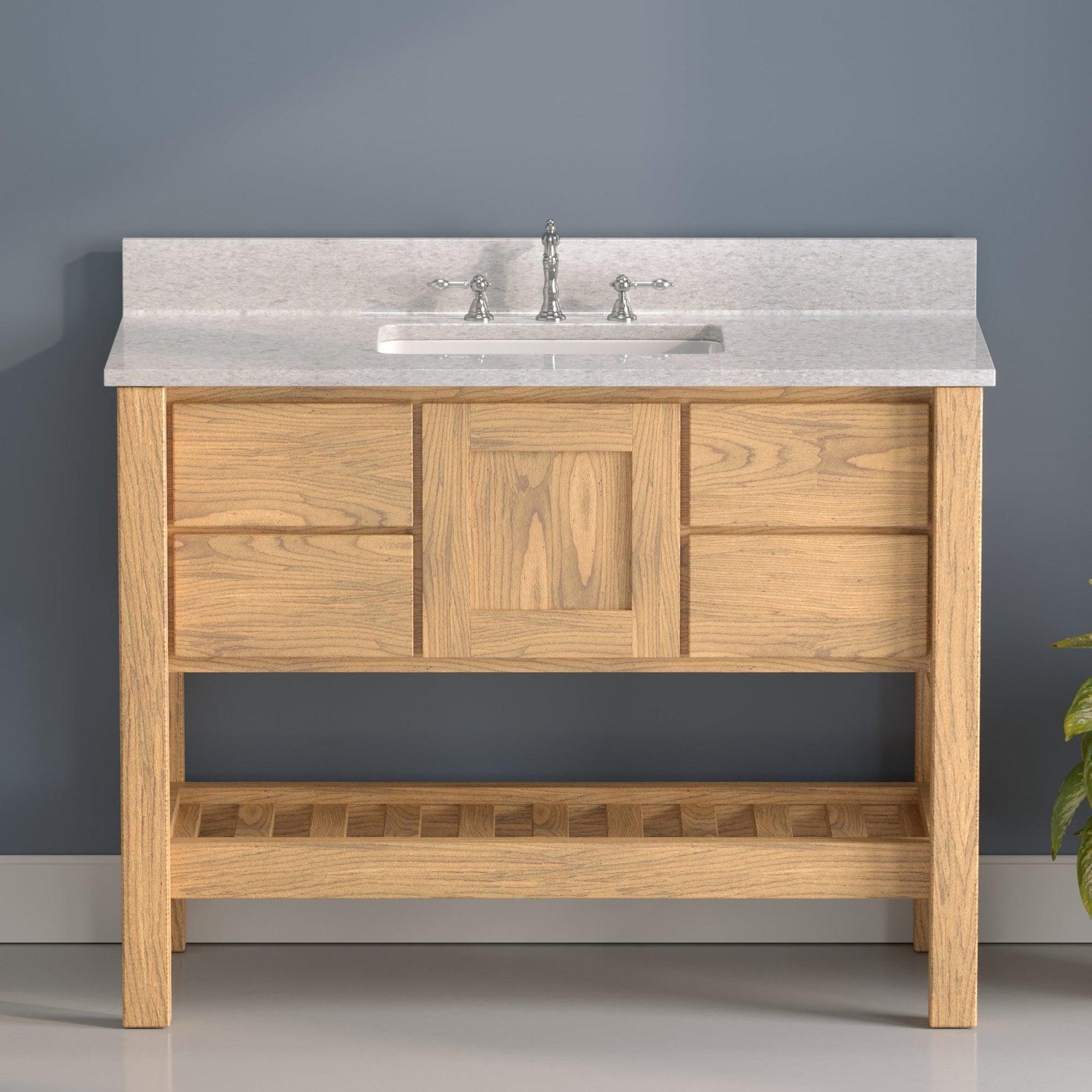 Cambridge Plumbing USA Patriot 48" Brown Solid Oak Wood Single Bathroom Vanity With Olympus Countertop Finish And Engineered Composite Countertop, Backsplash And Basin Sink