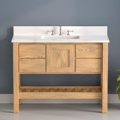 Cambridge Plumbing USA Patriot 48" Brown Solid Oak Wood Single Bathroom Vanity With White Countertop Finish And Engineered Composite Countertop, Backsplash And Basin Sink