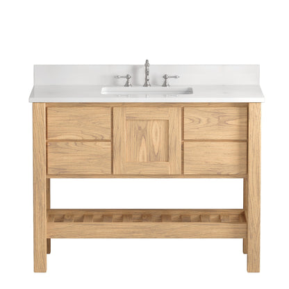 Cambridge Plumbing USA Patriot 48" Brown Solid Oak Wood Single Bathroom Vanity With White Countertop Finish And Engineered Composite Countertop, Backsplash And Basin Sink