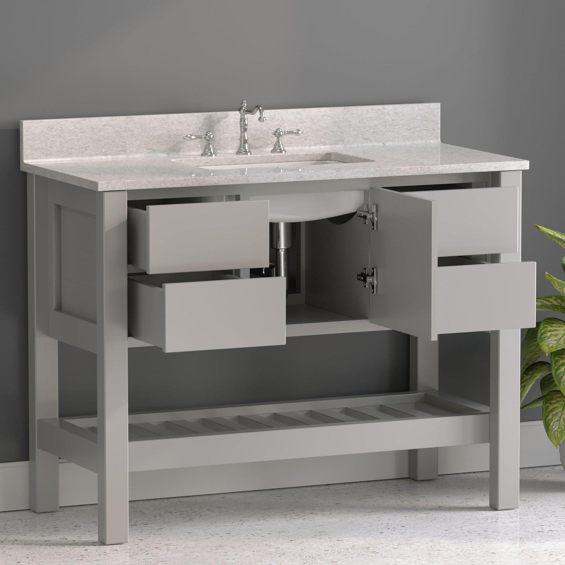 Cambridge Plumbing USA Patriot 48" Gray Solid Wood Single Bathroom Vanity With Olympus Countertop Finish And Engineered Composite Countertop, Backsplash And Basin Sink