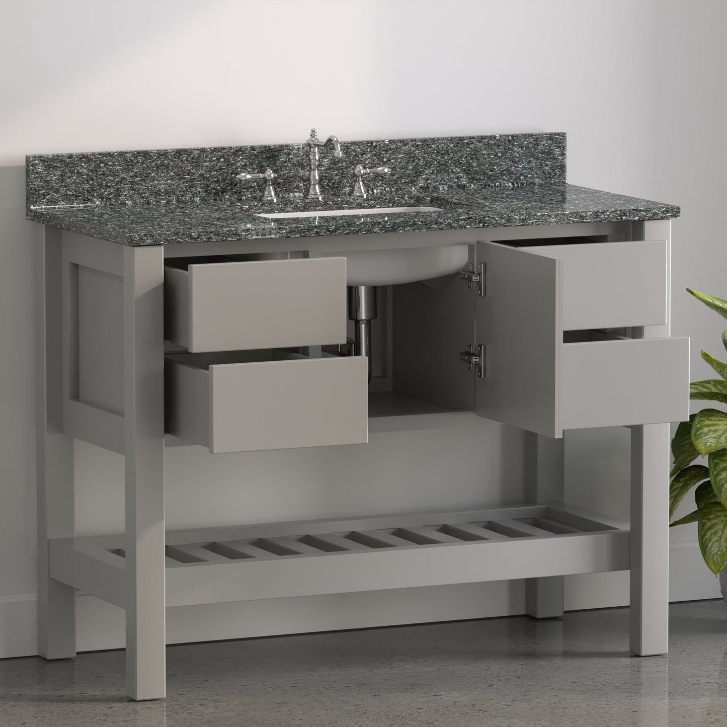 Cambridge Plumbing USA Patriot 48" Gray Solid Wood Single Bathroom Vanity With Starry Countertop Finish And Engineered Composite Countertop, Backsplash And Basin Sink