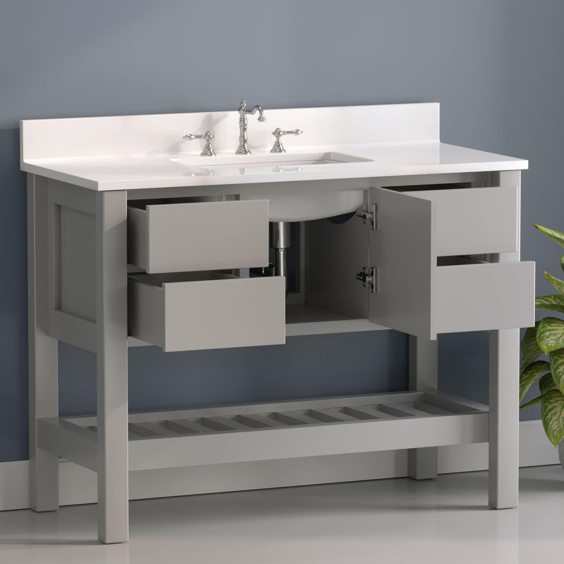 Cambridge Plumbing USA Patriot 48" Gray Solid Wood Single Bathroom Vanity With White Countertop Finish And Engineered Composite Countertop, Backsplash And Basin Sink