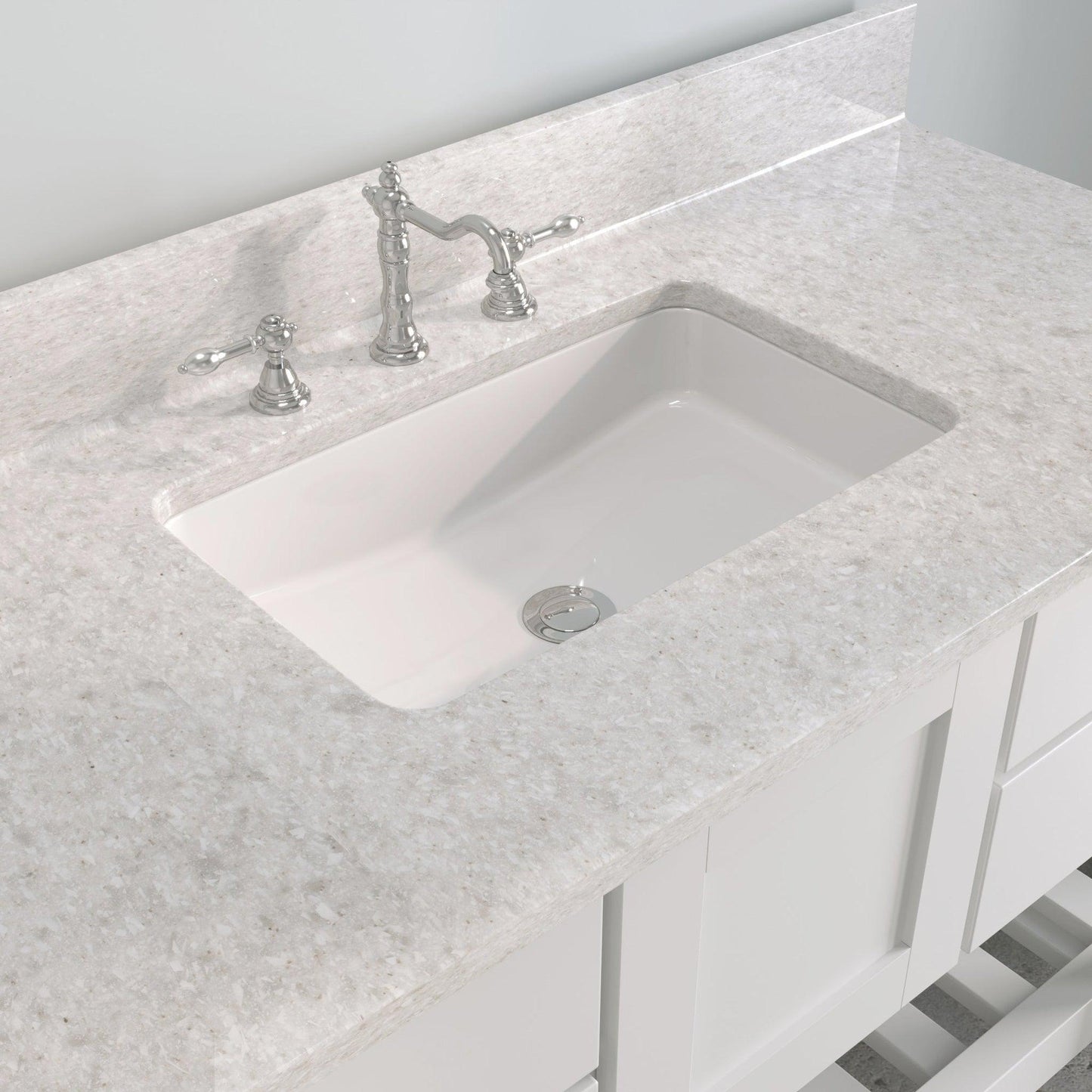 Cambridge Plumbing USA Patriot 48" White Solid Wood Single Bathroom Vanity With Olympus Countertop Finish And Engineered Composite Countertop, Backsplash And Basin Sink