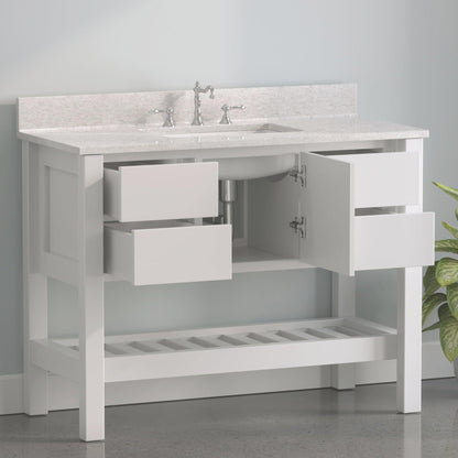 Cambridge Plumbing USA Patriot 48" White Solid Wood Single Bathroom Vanity With Olympus Countertop Finish And Engineered Composite Countertop, Backsplash And Basin Sink