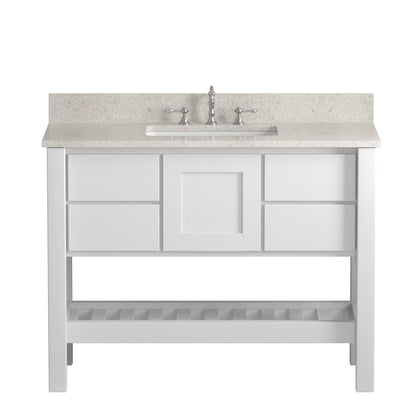 Cambridge Plumbing USA Patriot 48" White Solid Wood Single Bathroom Vanity With Olympus Countertop Finish And Engineered Composite Countertop, Backsplash And Basin Sink