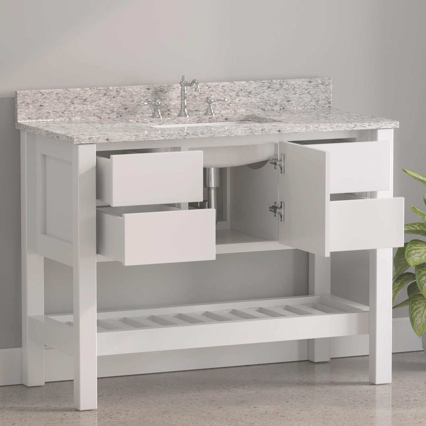 Cambridge Plumbing USA Patriot 48" White Solid Wood Single Bathroom Vanity With Pepper Countertop Finish And Engineered Composite Countertop, Backsplash And Basin Sink