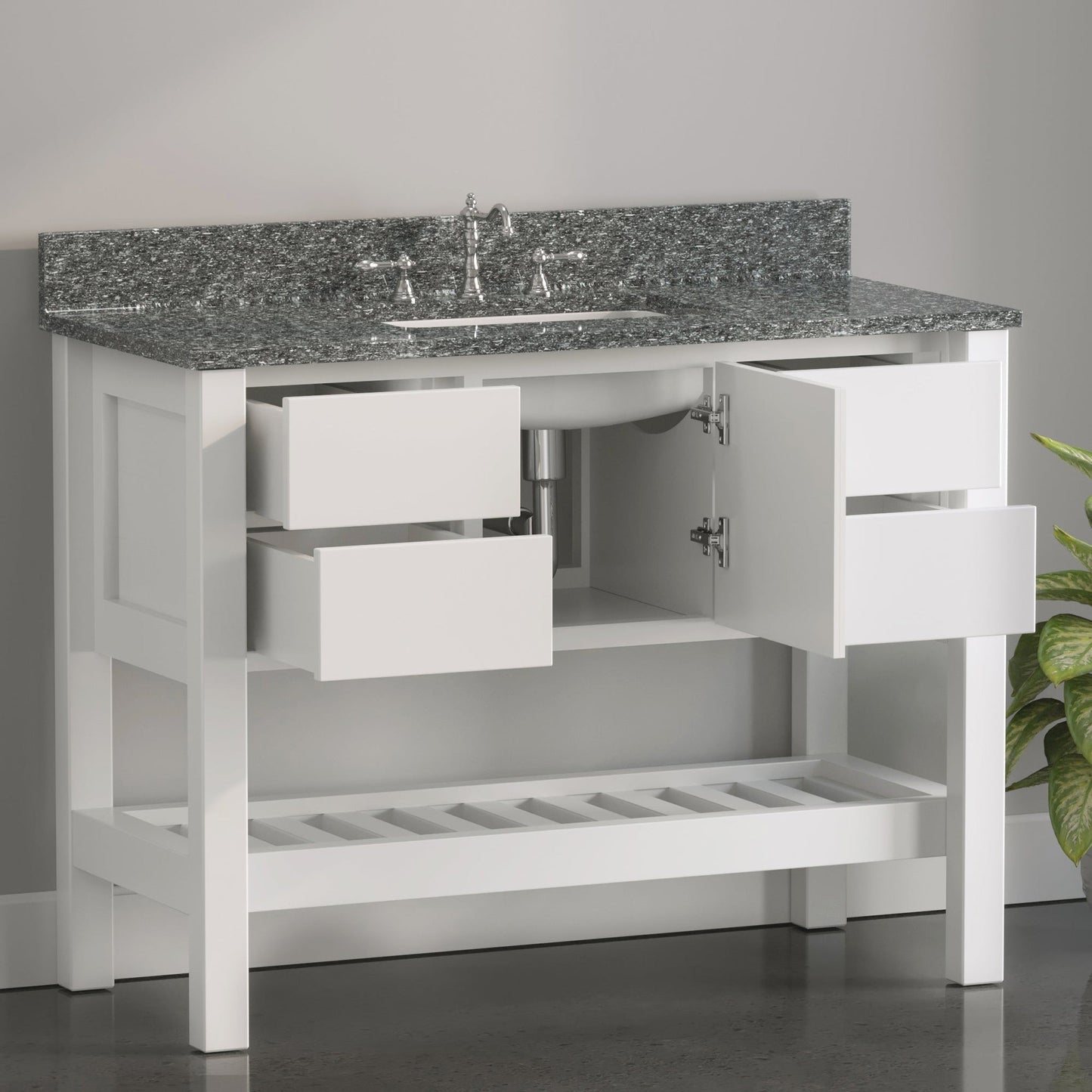 Cambridge Plumbing USA Patriot 48" White Solid Wood Single Bathroom Vanity With Starry Countertop Finish And Engineered Composite Countertop, Backsplash And Basin Sink