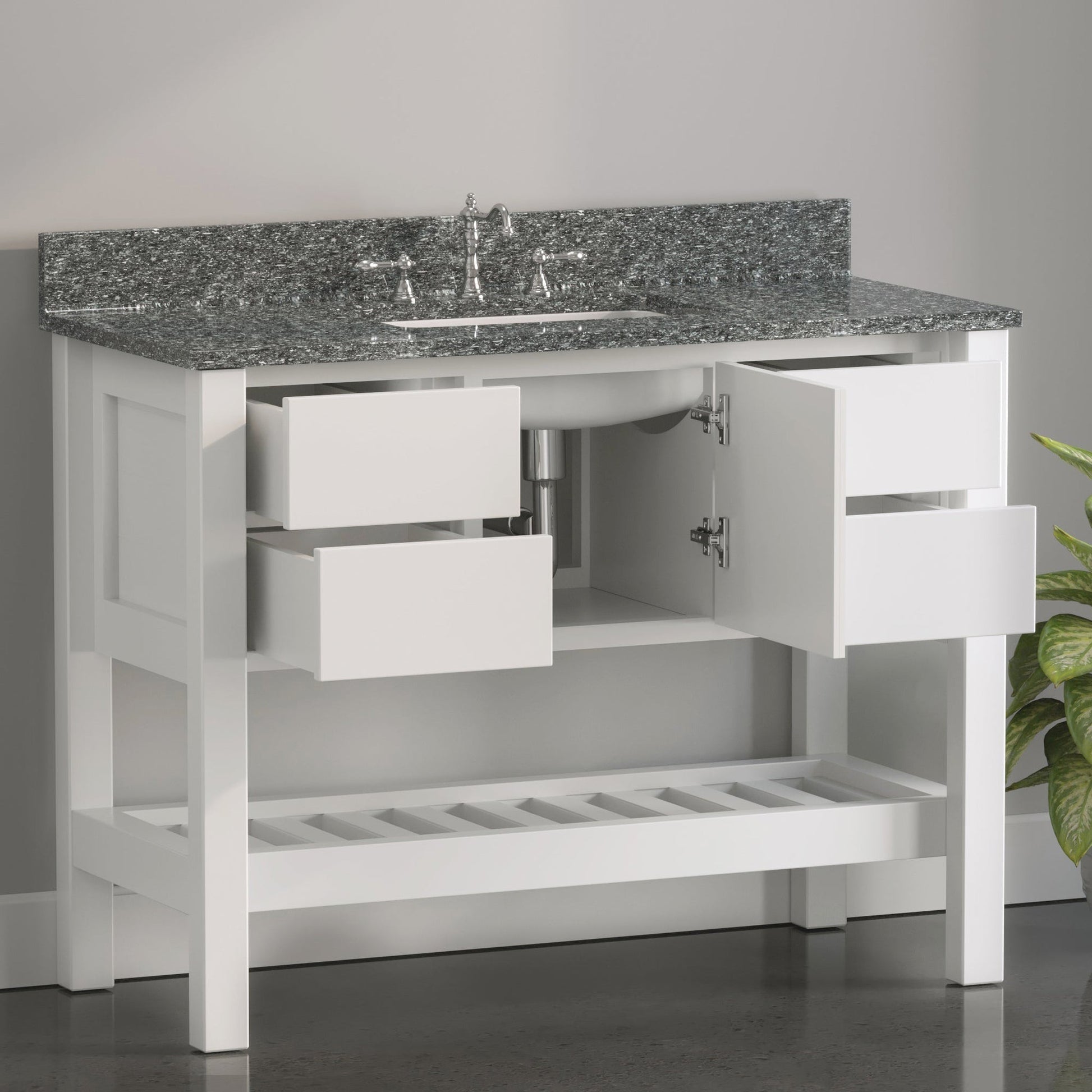 Cambridge Plumbing USA Patriot 48" White Solid Wood Single Bathroom Vanity With Starry Countertop Finish And Engineered Composite Countertop, Backsplash And Basin Sink