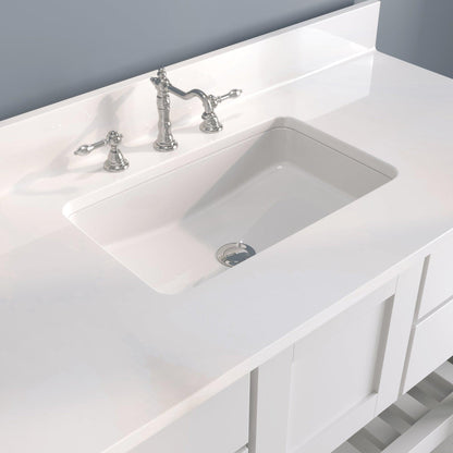 Cambridge Plumbing USA Patriot 48" White Solid Wood Single Bathroom Vanity With White Countertop Finish And Engineered Composite Countertop, Backsplash And Basin Sink
