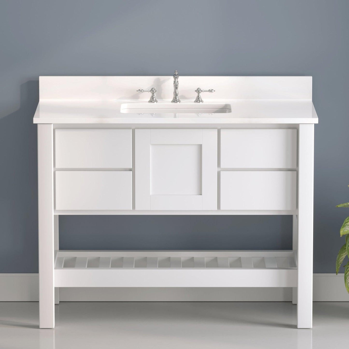 Cambridge Plumbing USA Patriot 48" White Solid Wood Single Bathroom Vanity With White Countertop Finish And Engineered Composite Countertop, Backsplash And Basin Sink