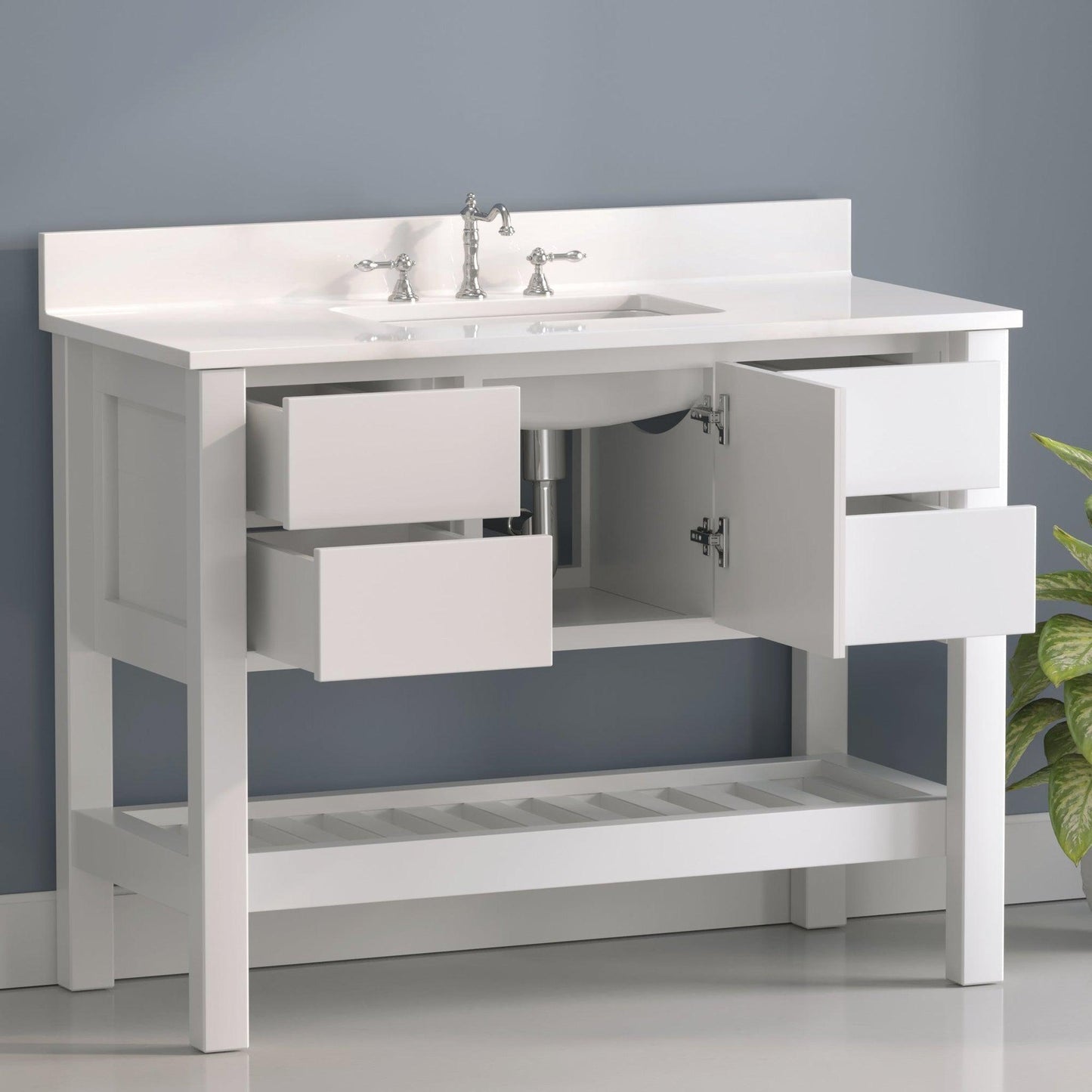 Cambridge Plumbing USA Patriot 48" White Solid Wood Single Bathroom Vanity With White Countertop Finish And Engineered Composite Countertop, Backsplash And Basin Sink