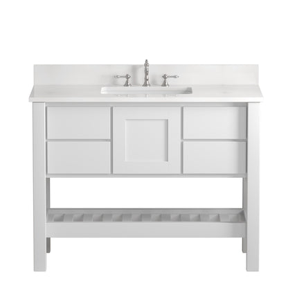 Cambridge Plumbing USA Patriot 48" White Solid Wood Single Bathroom Vanity With White Countertop Finish And Engineered Composite Countertop, Backsplash And Basin Sink