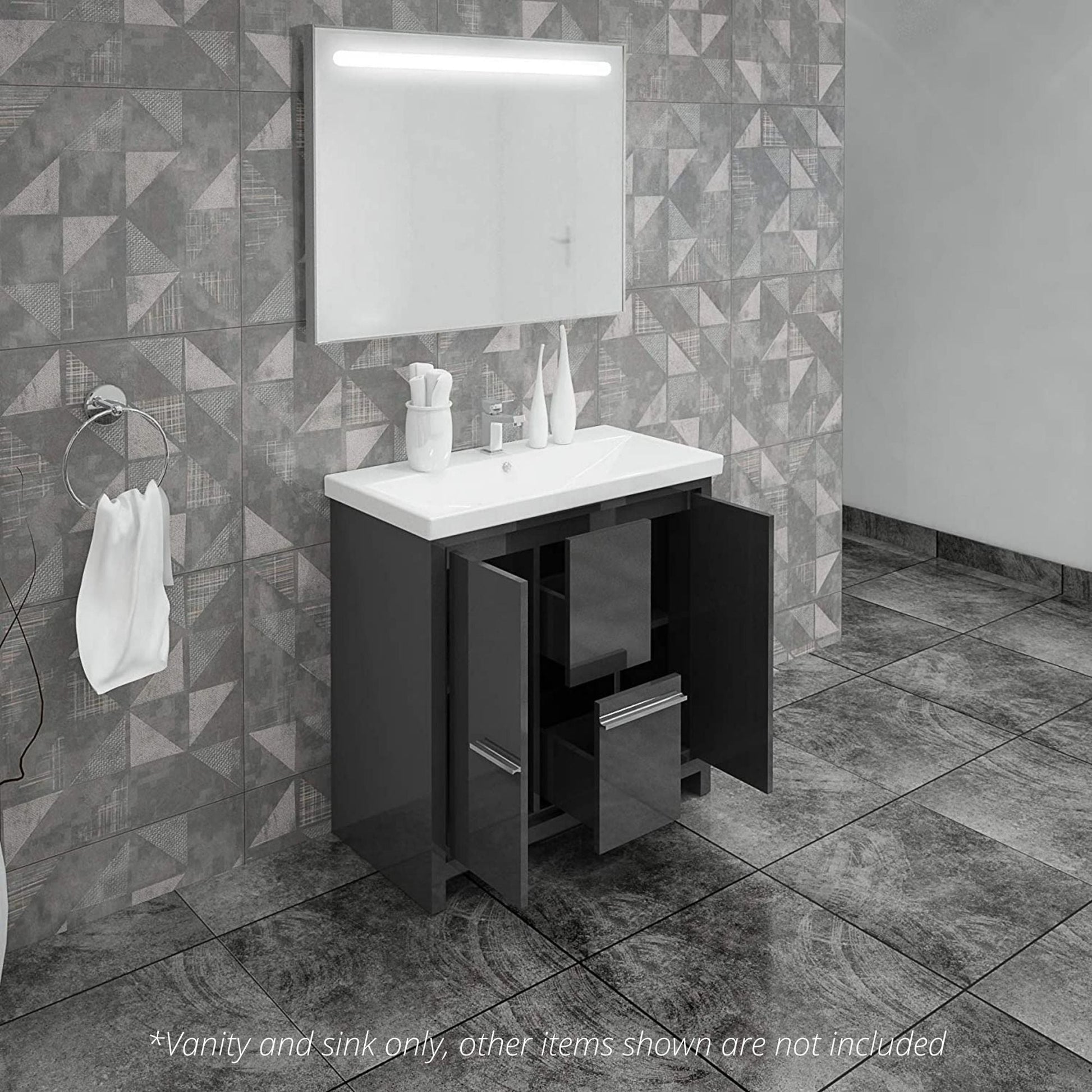 Casa Mare Alessio 32" Glossy Gray Bathroom Vanity and Ceramic Sink Combo