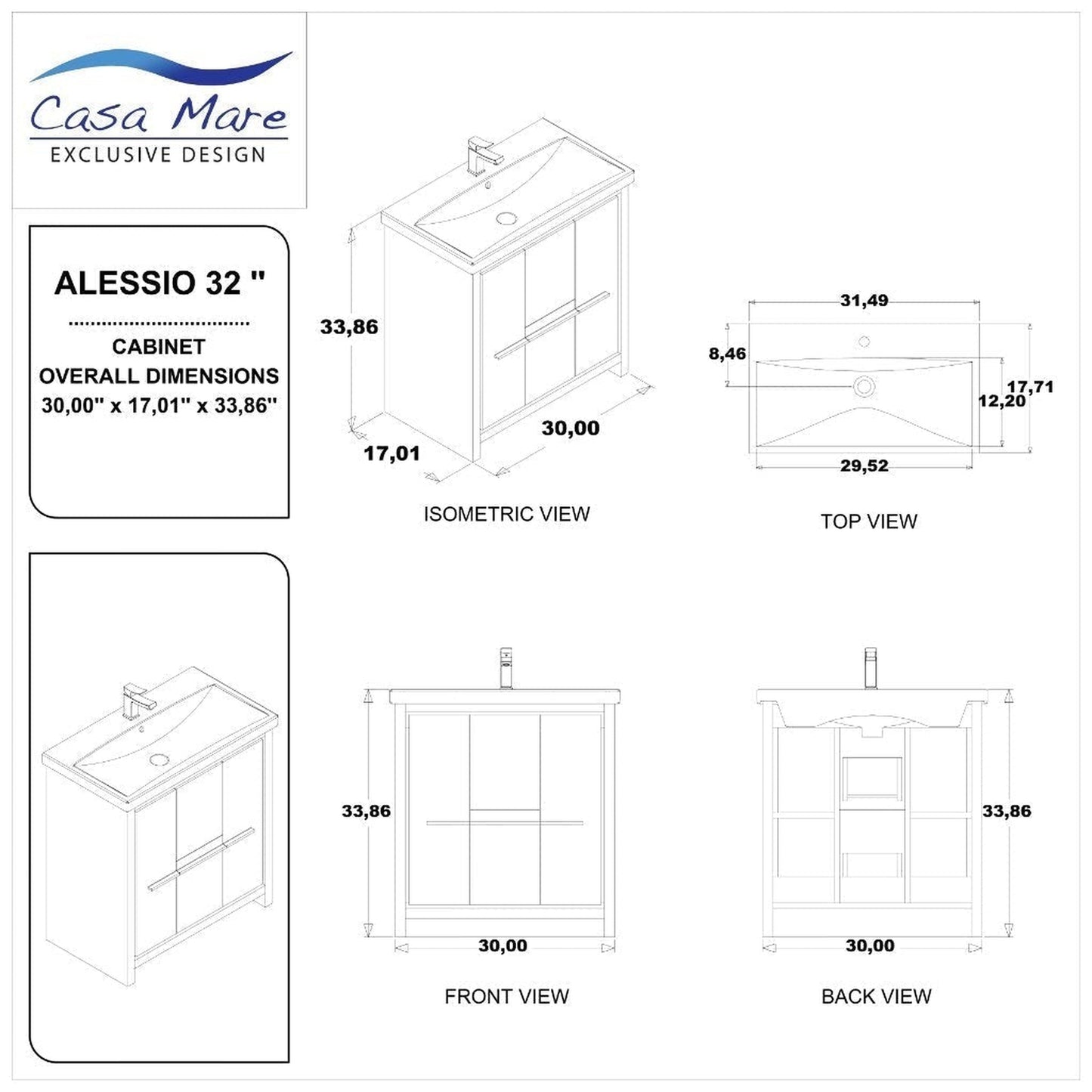 Casa Mare Alessio 32" Glossy Gray Bathroom Vanity and Ceramic Sink Combo