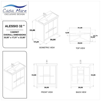 Casa Mare Alessio 32" Glossy Gray Bathroom Vanity and Ceramic Sink Combo