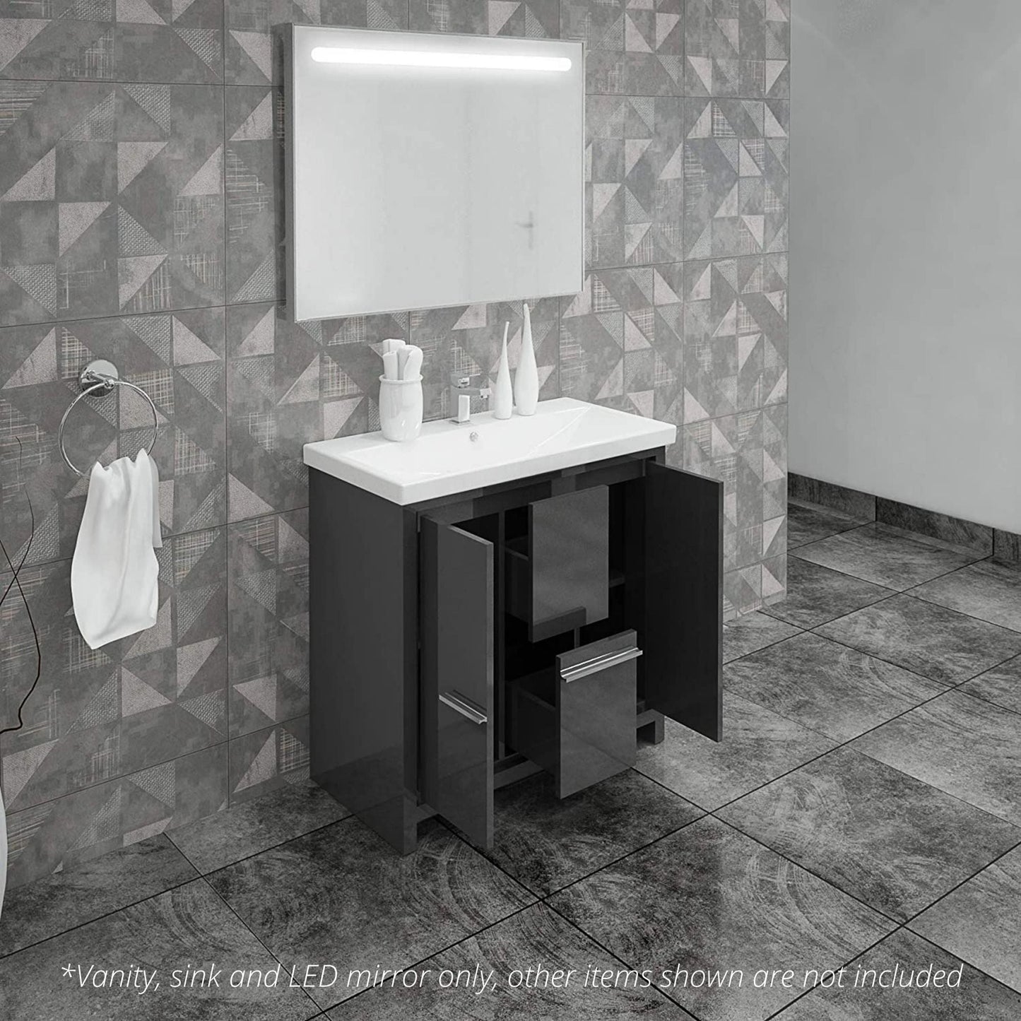 Casa Mare Alessio 32" Glossy Gray Bathroom Vanity and Ceramic Sink Combo With LED Mirror