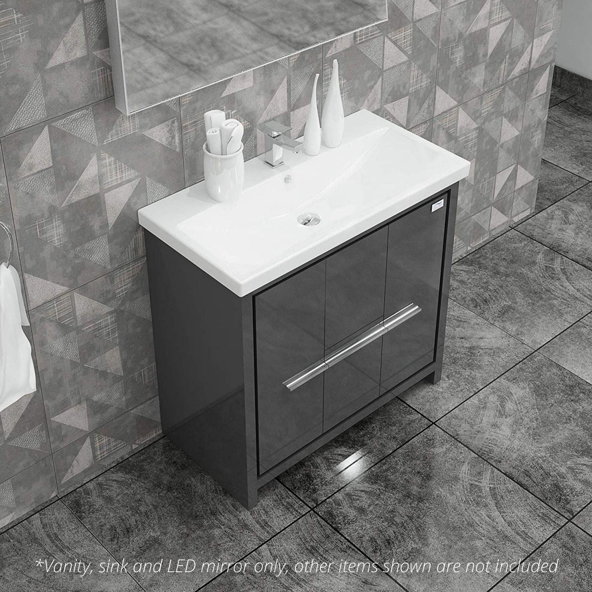Casa Mare Alessio 32" Glossy Gray Bathroom Vanity and Ceramic Sink Combo With LED Mirror