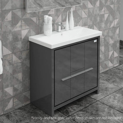 Casa Mare Alessio 32" Glossy Gray Bathroom Vanity and Ceramic Sink Combo With LED Mirror