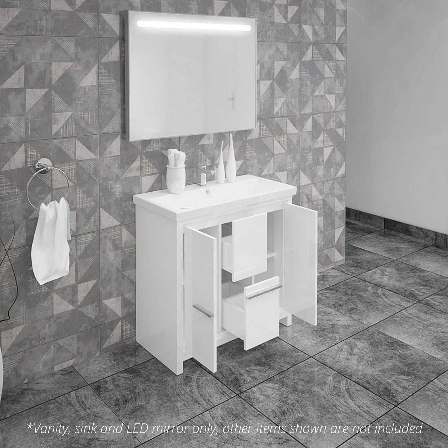 Casa Mare Alessio 32" Glossy White Bathroom Vanity and Ceramic Sink Combo With LED Mirror