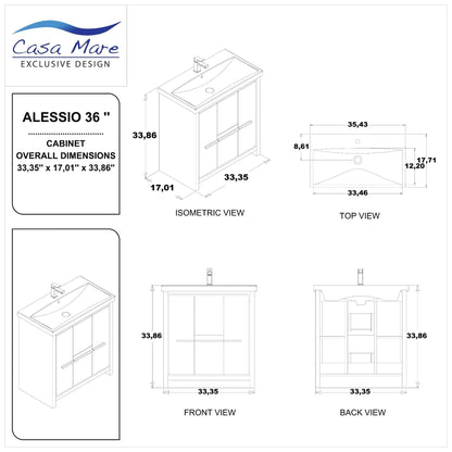 Casa Mare Alessio 36" Glossy Gray Bathroom Vanity and Ceramic Sink Combo