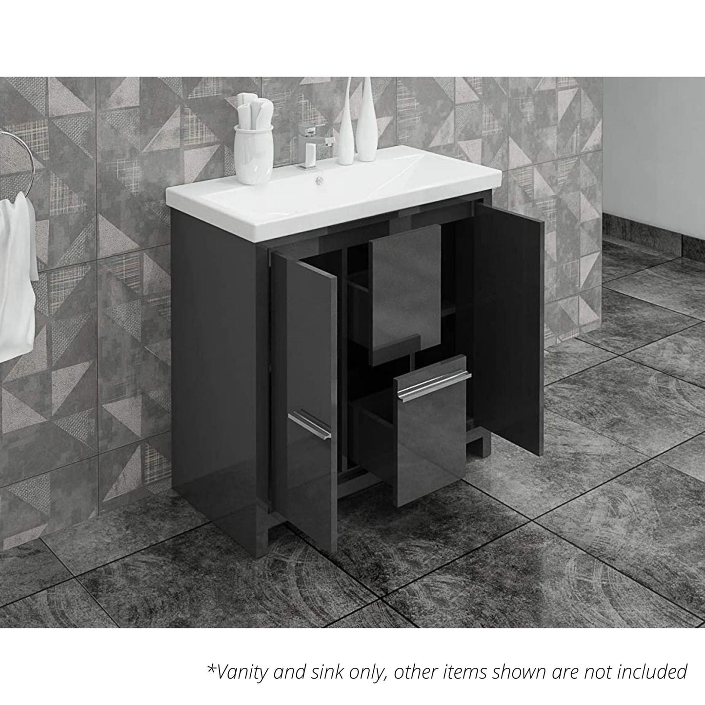 Casa Mare Alessio 36" Glossy Gray Bathroom Vanity and Ceramic Sink Combo