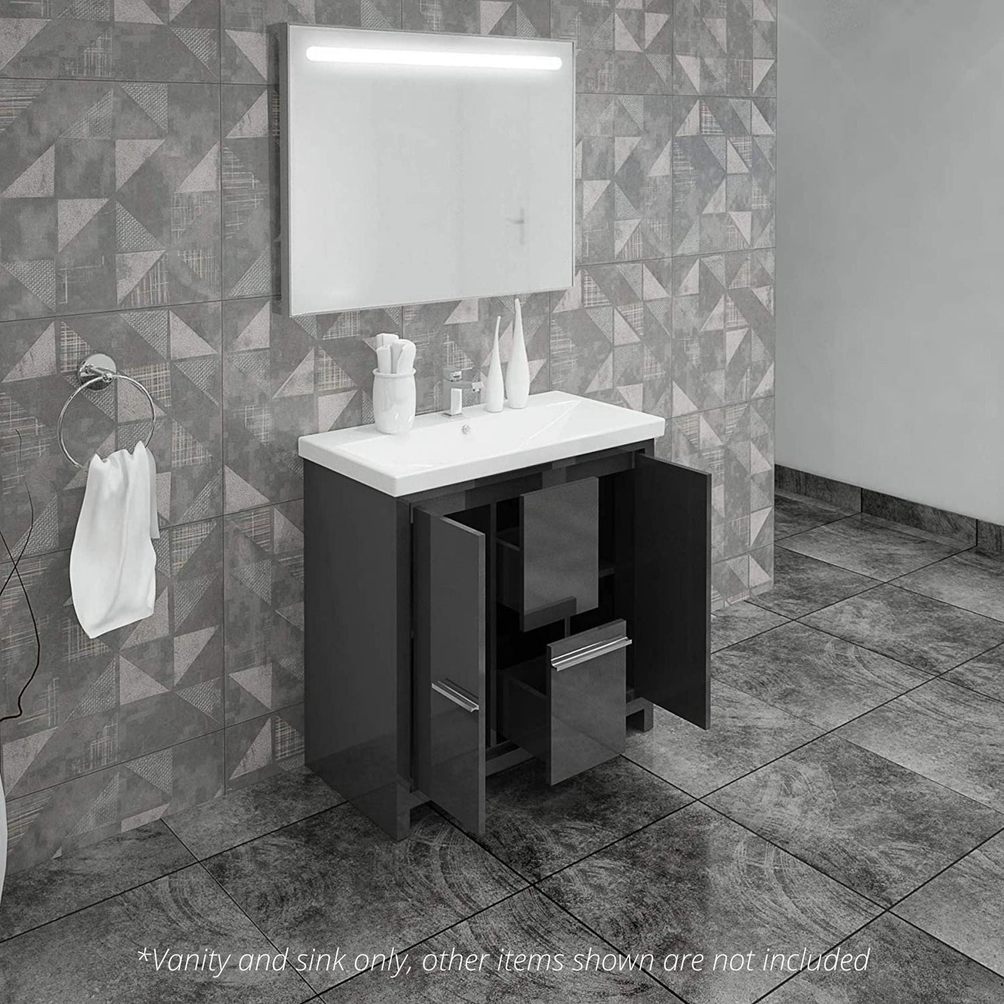 Casa Mare Alessio 36" Glossy Gray Bathroom Vanity and Ceramic Sink Combo