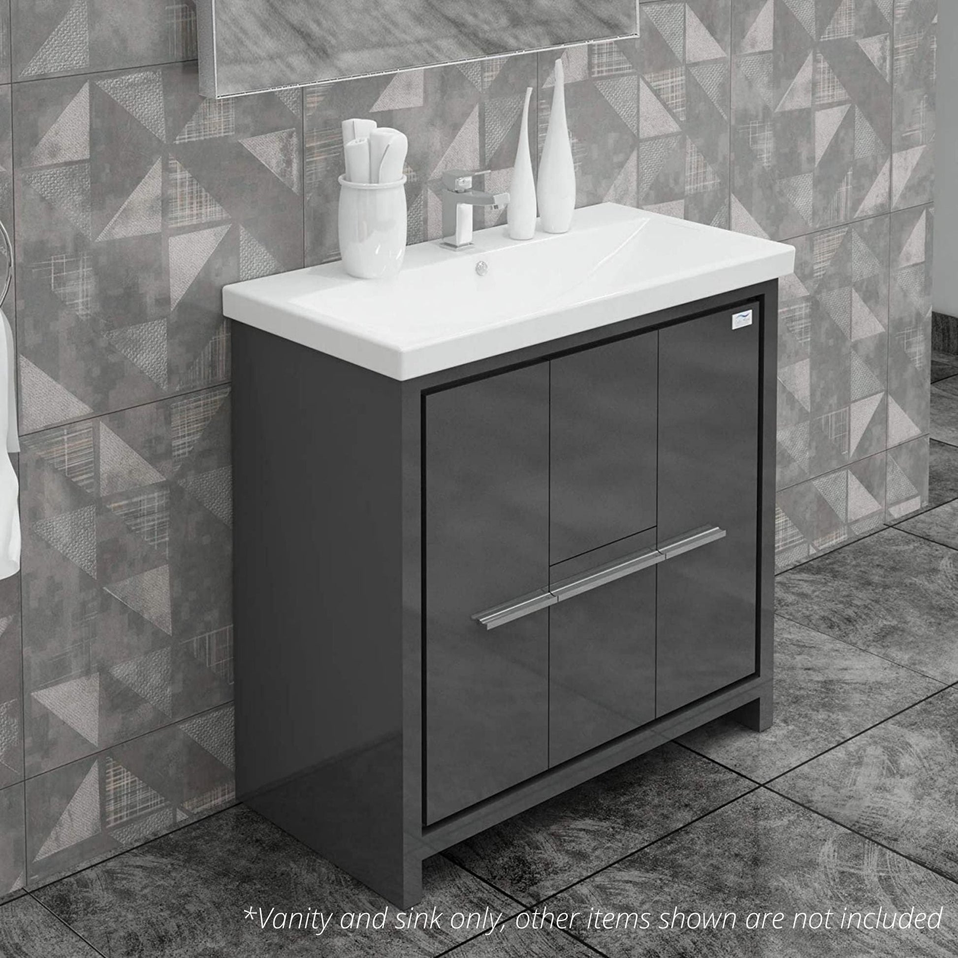 Casa Mare Alessio 36" Glossy Gray Bathroom Vanity and Ceramic Sink Combo