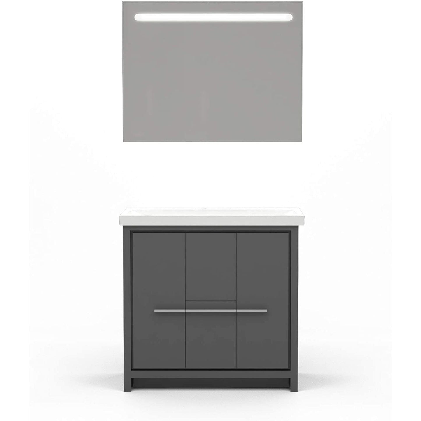 Casa Mare Alessio 36" Glossy Gray Bathroom Vanity and Ceramic Sink Combo With LED Mirror