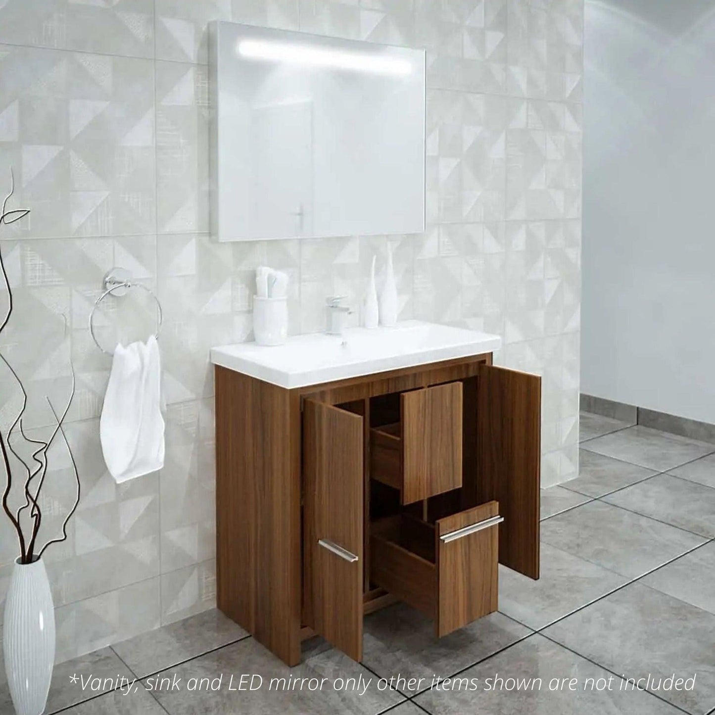 Casa Mare Alessio 36" Matte Walnut Bathroom Vanity and Ceramic Sink Combo With LED Mirror