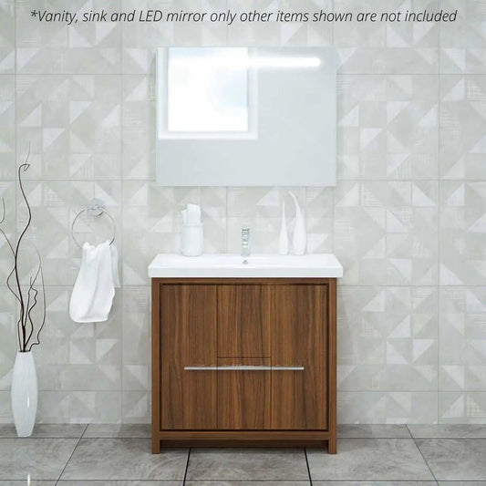 Casa Mare Alessio 36" Matte Walnut Bathroom Vanity and Ceramic Sink Combo With LED Mirror