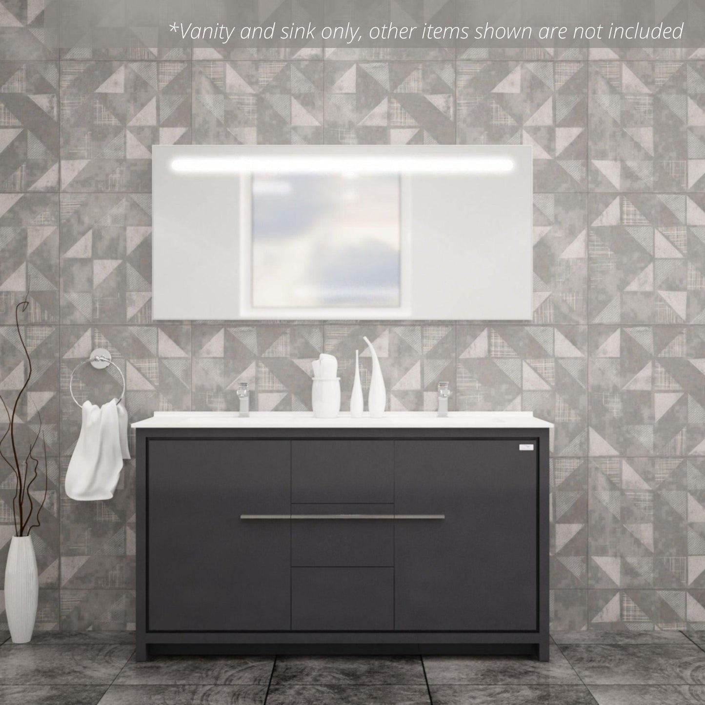 Casa Mare Alessio 60" Glossy Gray Bathroom Vanity and Acrylic Double Sink Combo