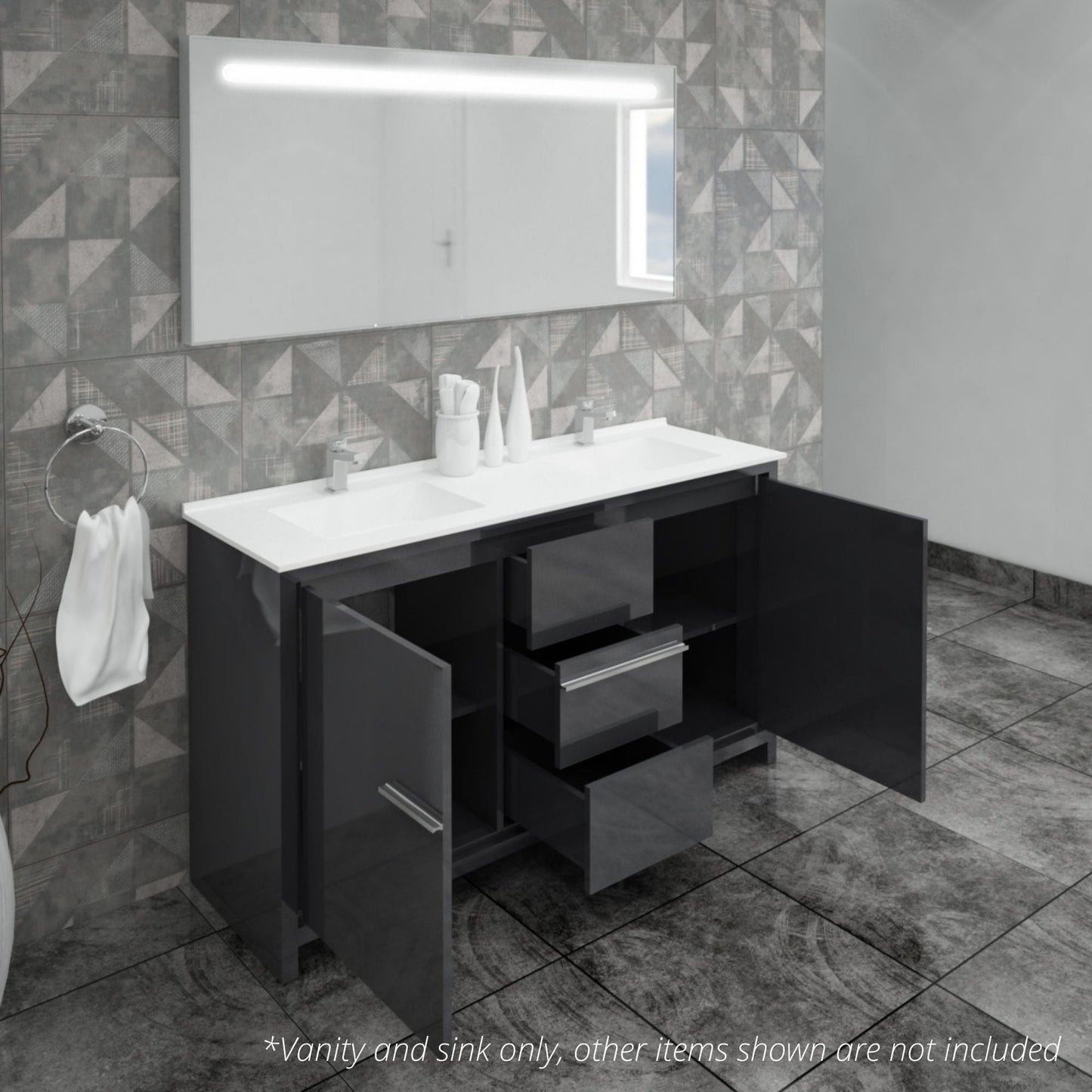 Casa Mare Alessio 60" Glossy Gray Bathroom Vanity and Acrylic Double Sink Combo