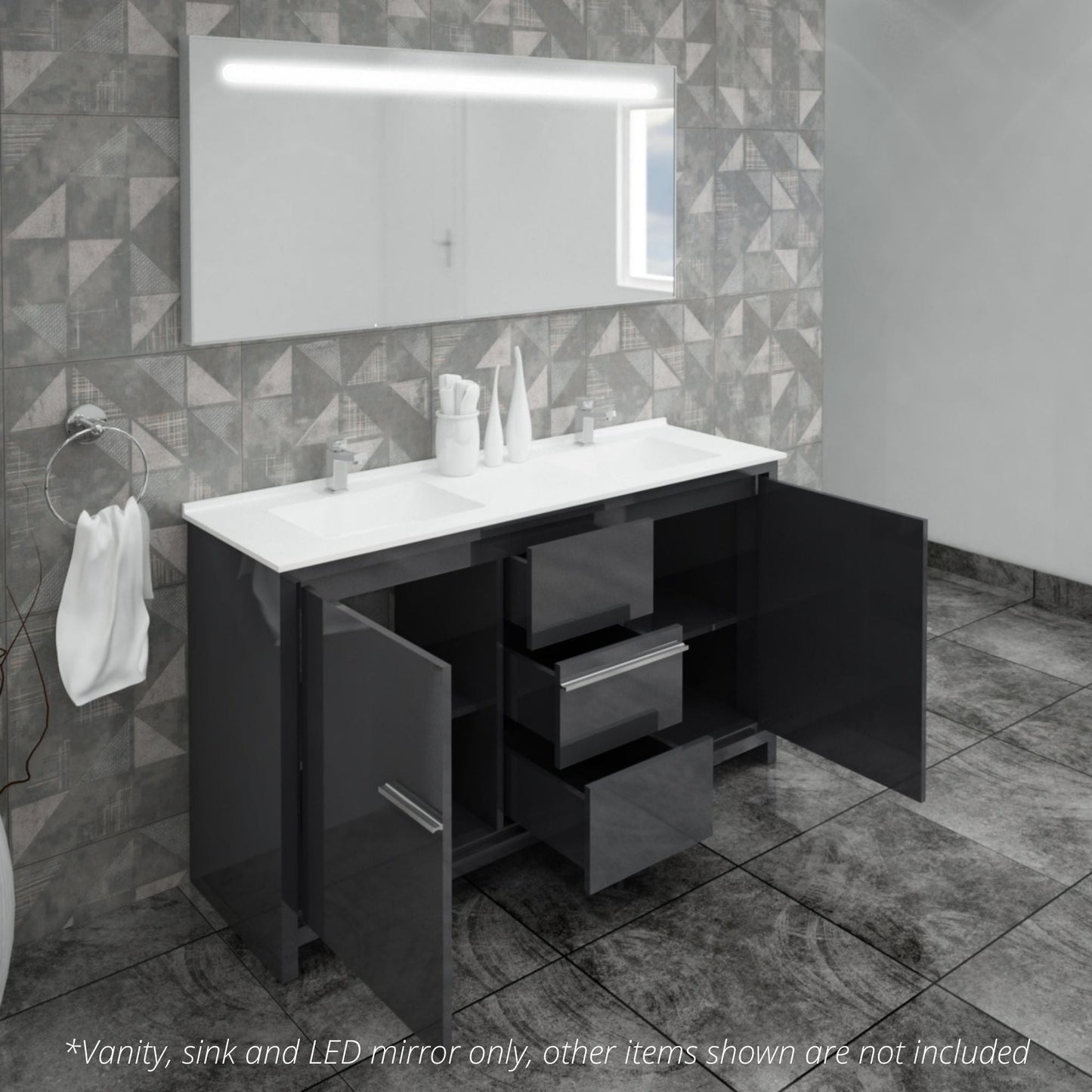 Casa Mare Alessio 60" Glossy Gray Bathroom Vanity and Acrylic Double Sink Combo With LED Mirror