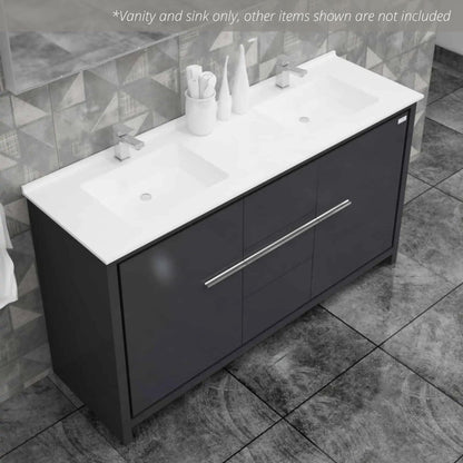 Casa Mare Alessio 60" Glossy Gray Bathroom Vanity and Acrylic Double Sink Combo With LED Mirror