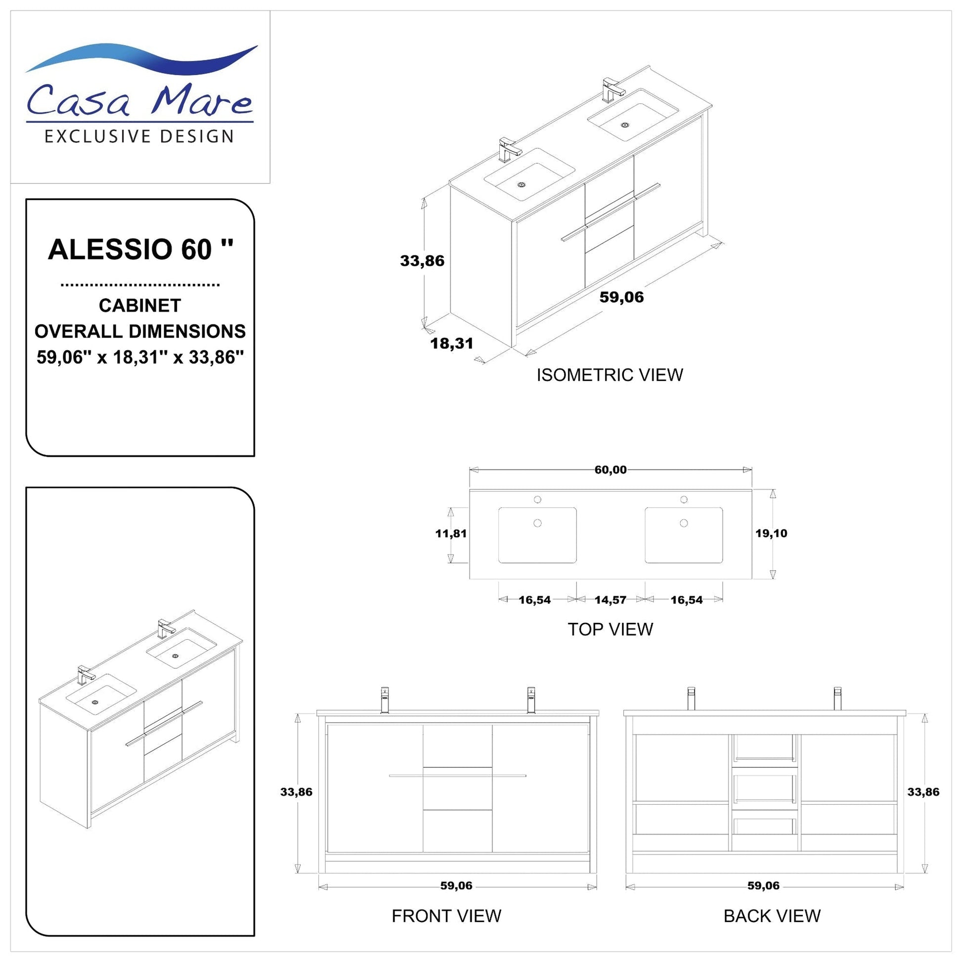 Casa Mare Alessio 60" Glossy Gray Bathroom Vanity and Acrylic Double Sink Combo With LED Mirror