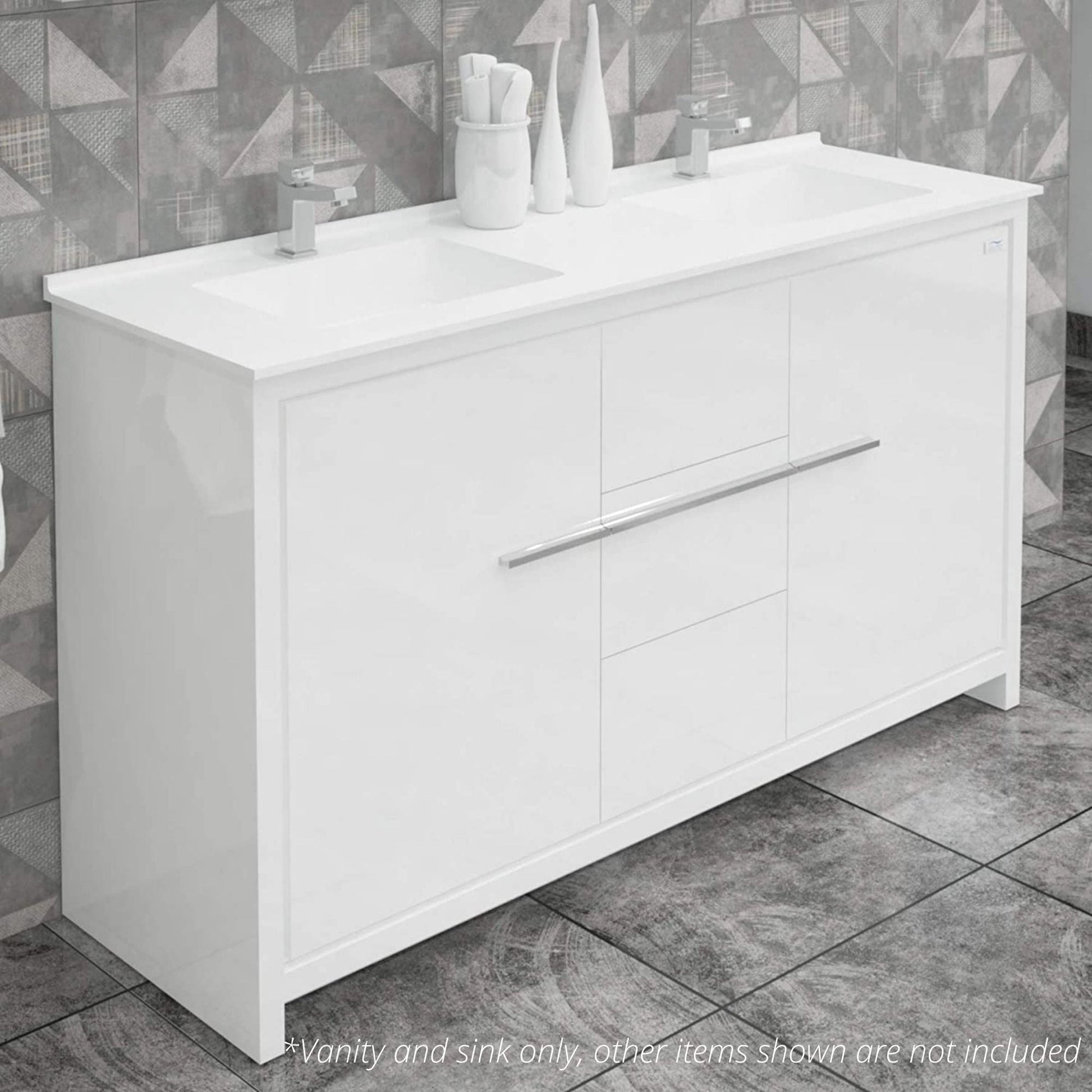 Casa Mare Alessio 60" Glossy White Bathroom Vanity and Acrylic Double Sink Combo