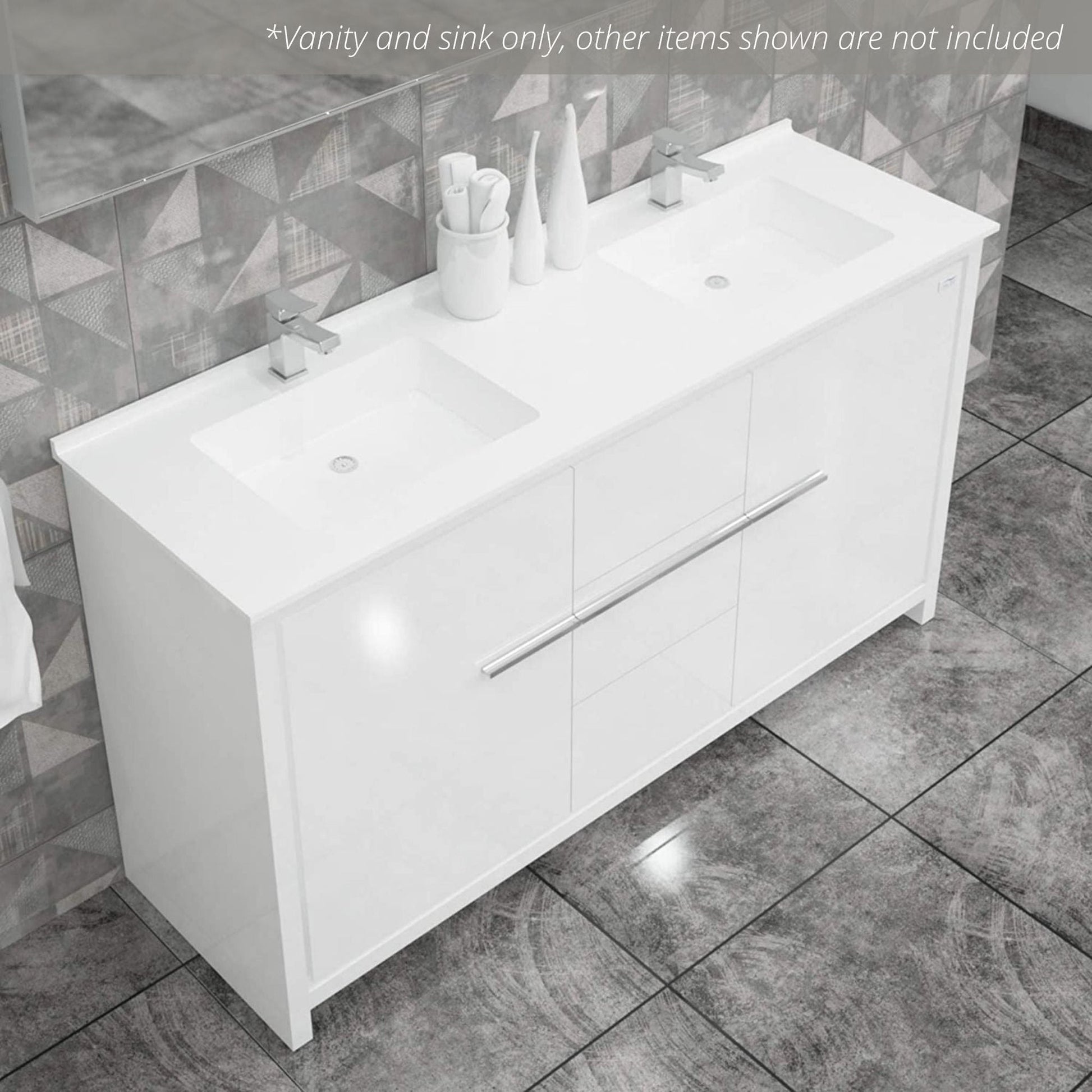 Casa Mare Alessio 60" Glossy White Bathroom Vanity and Acrylic Double Sink Combo With LED Mirror