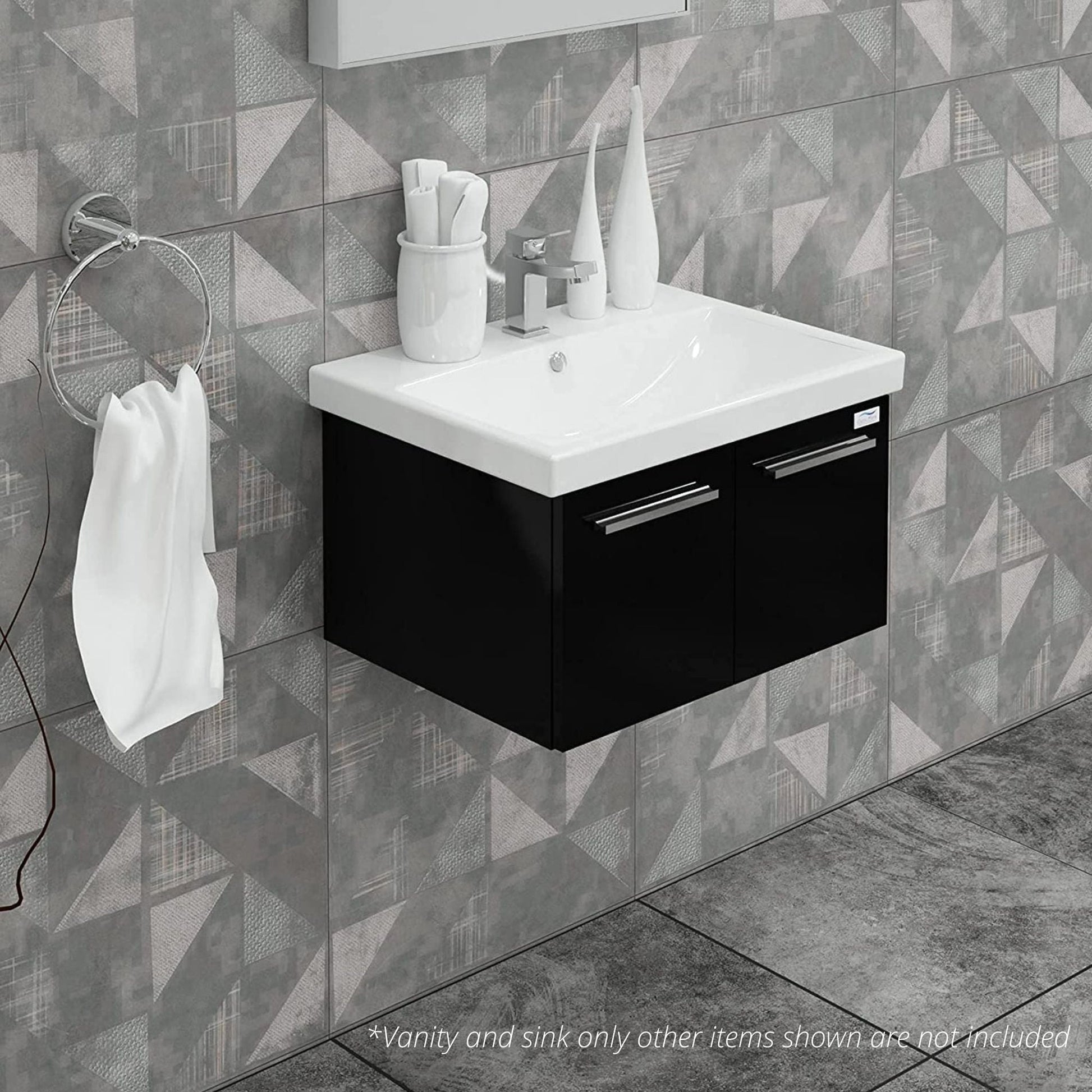 Casa Mare Aspe 24" Glossy Black Wall-Mounted Bathroom Vanity and Ceramic Sink Combo With LED Mirror