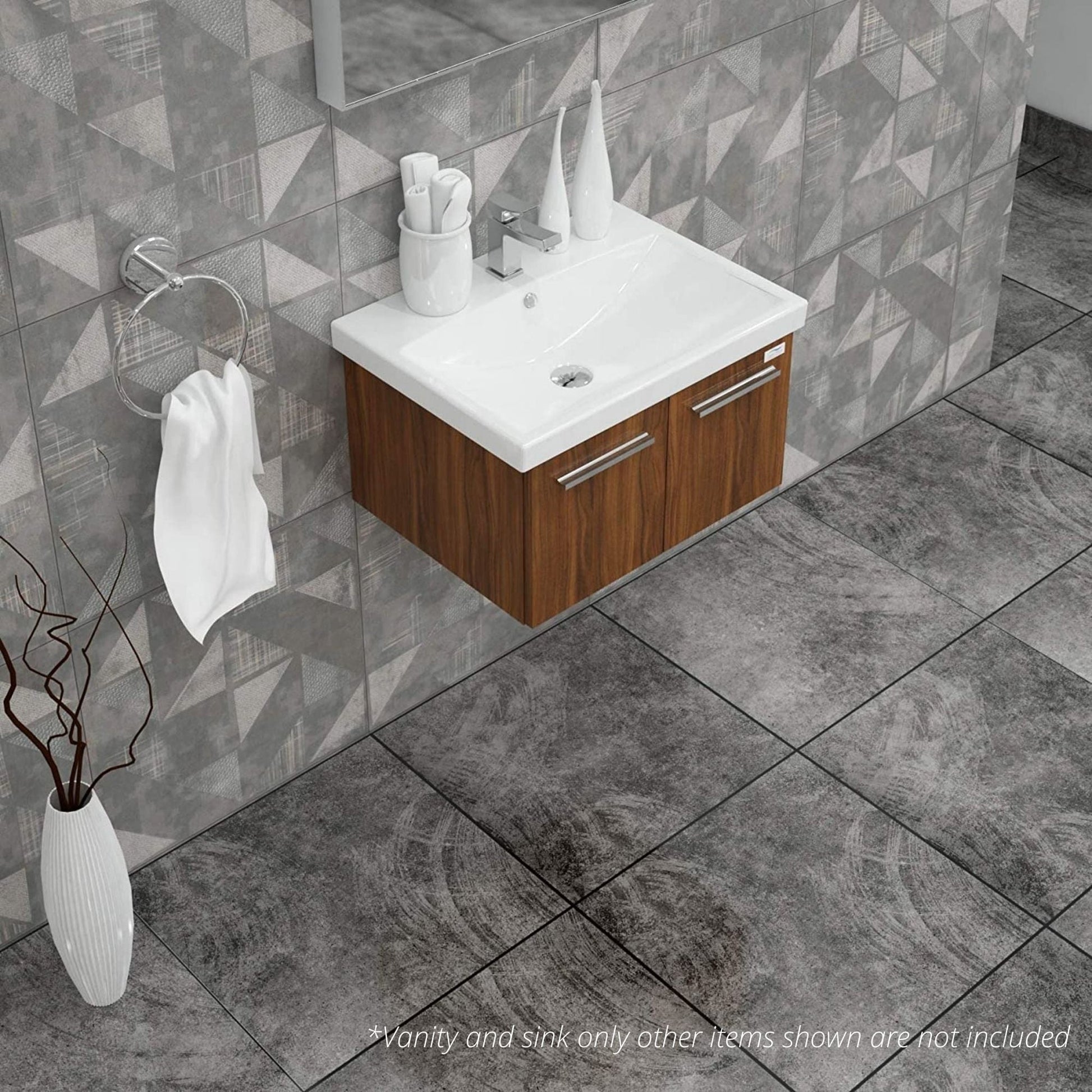 Casa Mare Aspe 24" Matte Walnut Wall-Mounted Bathroom Vanity and Ceramic Sink Combo With LED Mirror