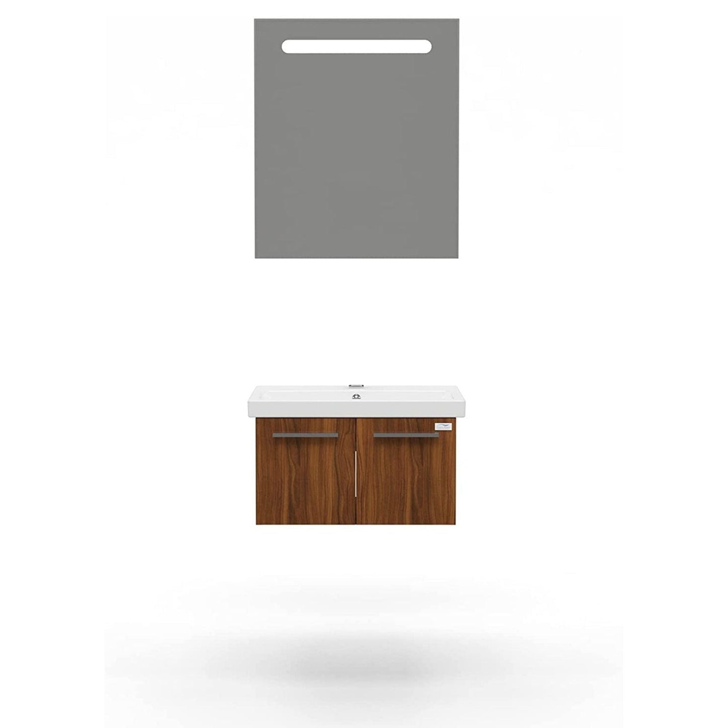 Casa Mare Aspe 24" Matte Walnut Wall-Mounted Bathroom Vanity and Ceramic Sink Combo With LED Mirror