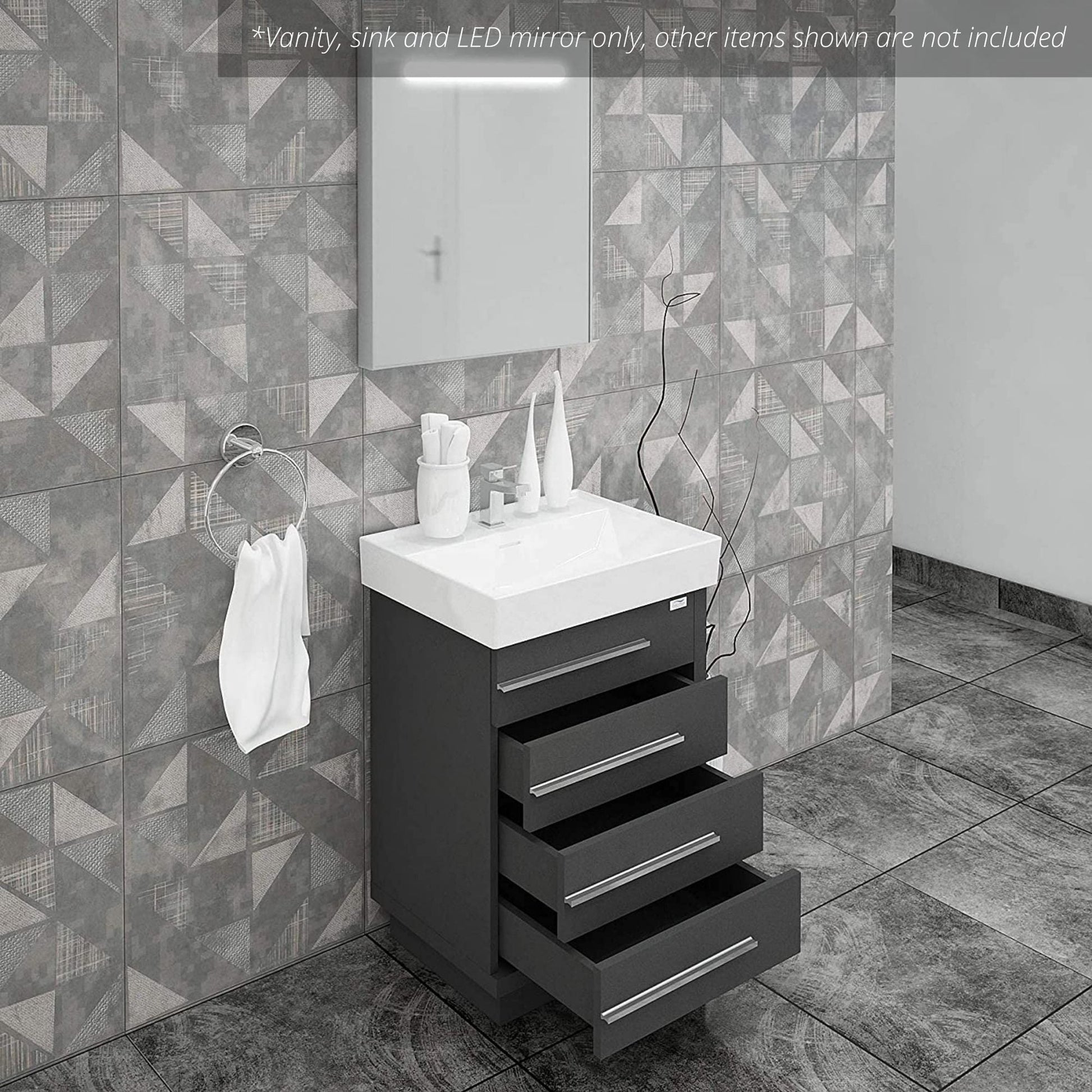 Casa Mare Domenico 24" Glossy Gray Bathroom Vanity and Ceramic Sink Combo With LED Mirror